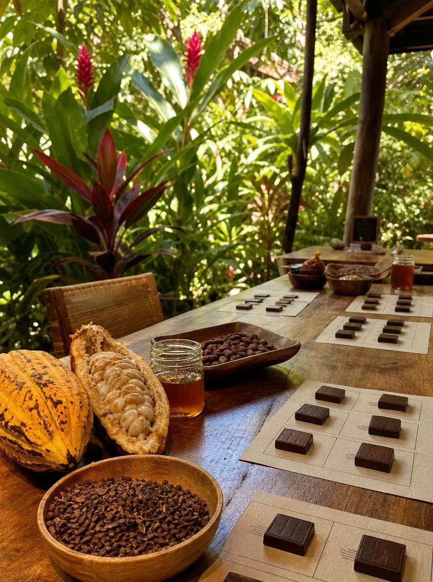Squares of chocolate, cacao nibs and a split cacao pod on a shaded garden tasting table