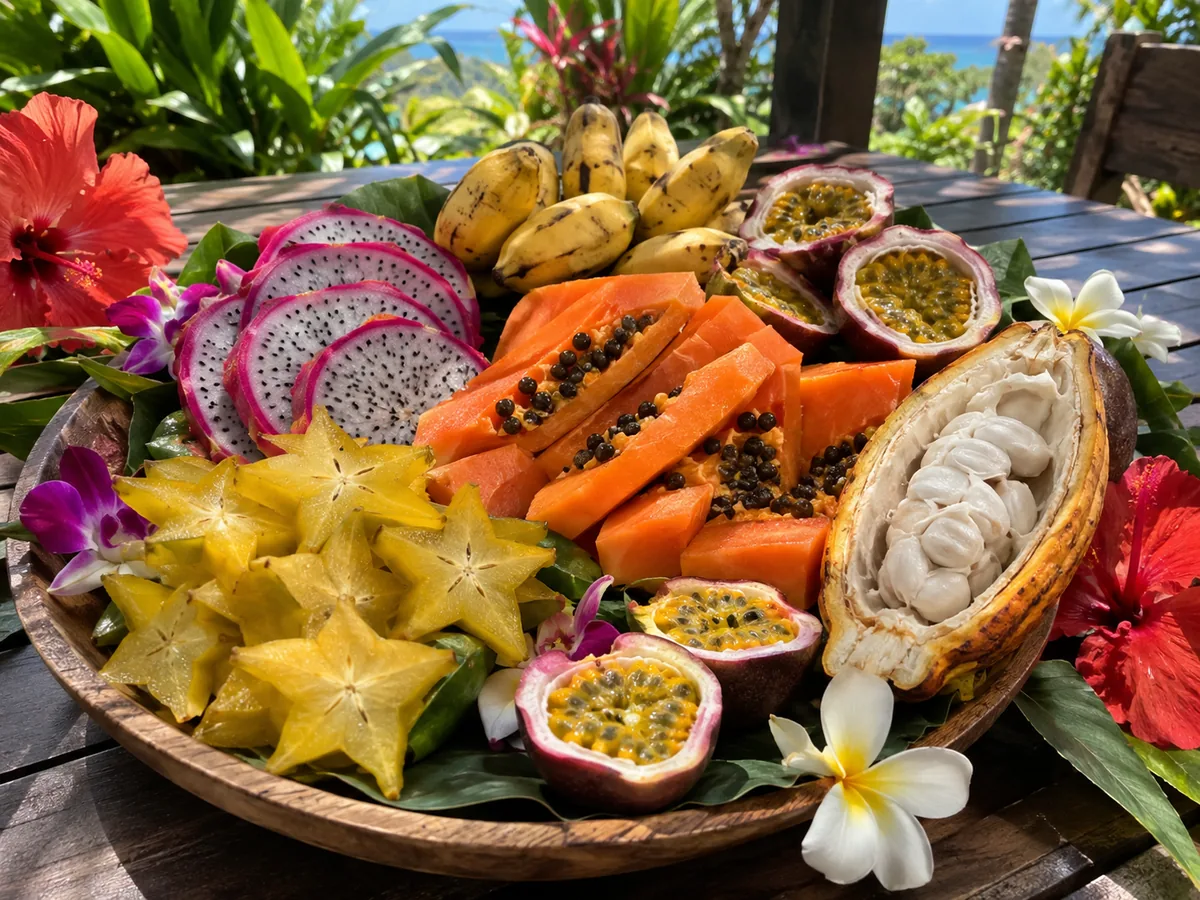 A platter of dragon fruit, papaya, starfruit, bananas and an opened cacao pod on a garden table