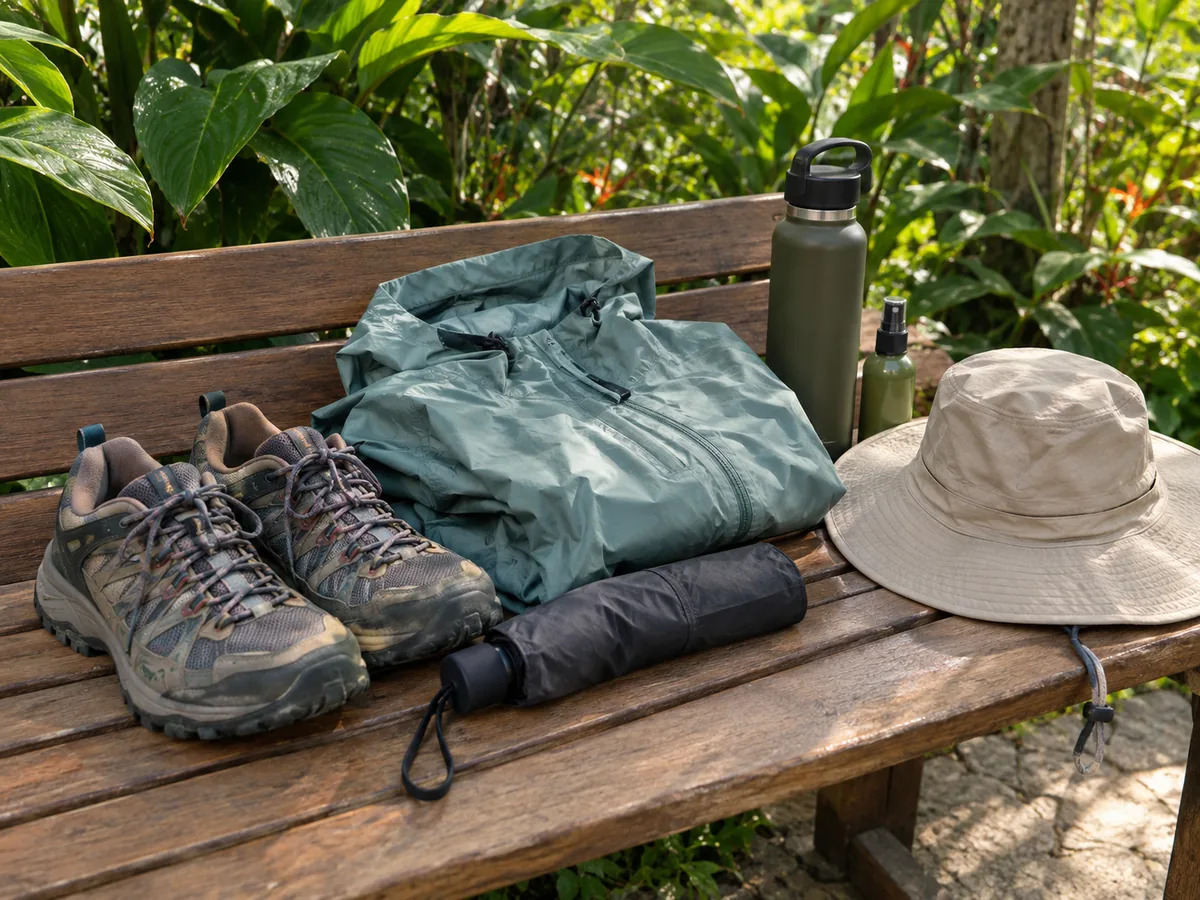 Trail shoes, a rain jacket, an umbrella, a water bottle, a sun hat and insect repellent on a garden bench