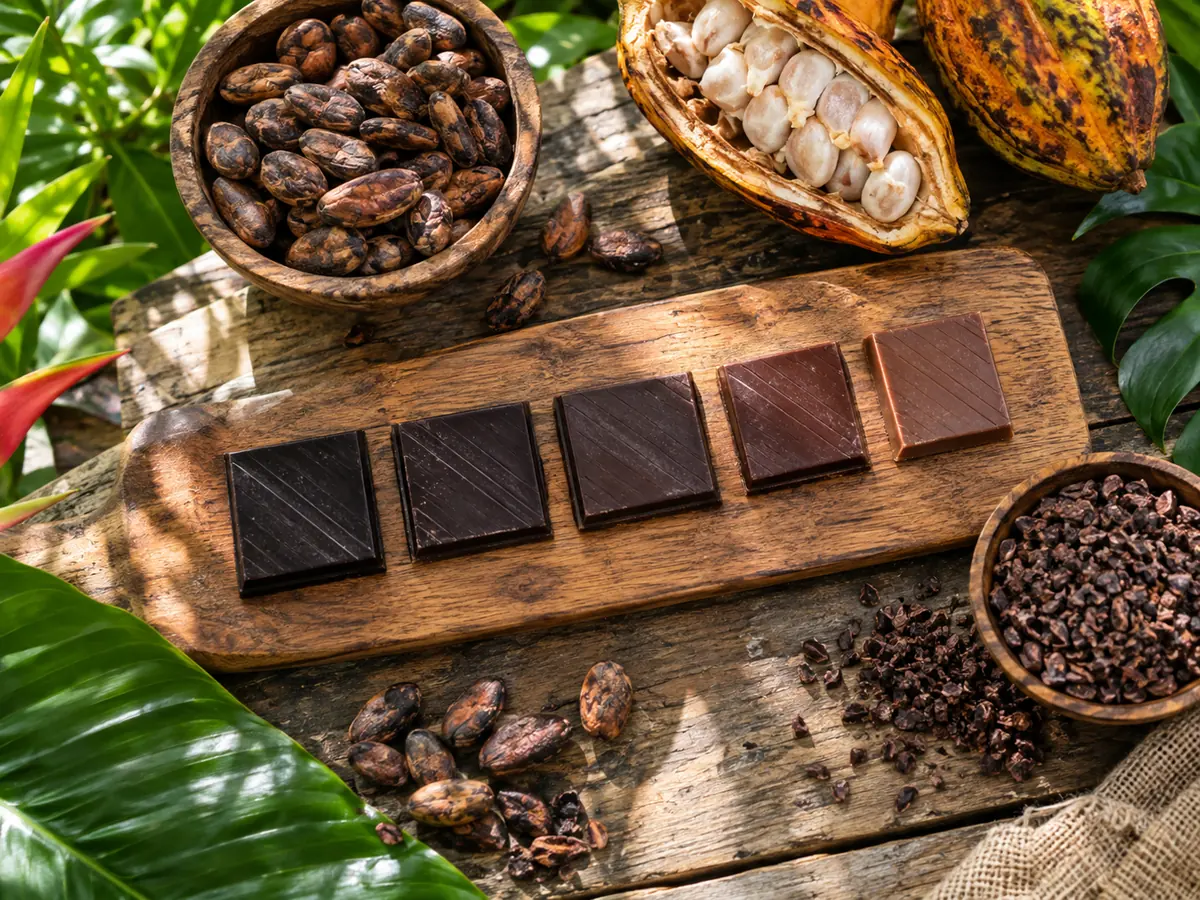 Squares of dark chocolate in different shades on a wooden board with cacao beans, nibs and a split pod